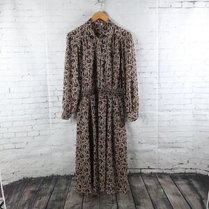 IFI TAN AND BLACK PAISLEY FLORAL LONG SLEEVE BUTTON DOWN MIDI DRESS SIZE MED
